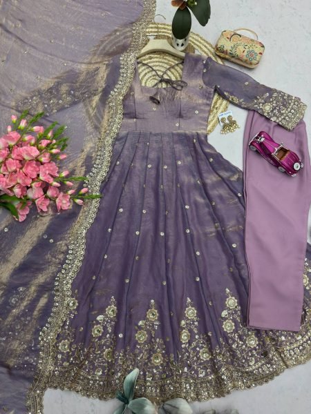 Magnetic Purple Comfortable Full Stitched Party Wear Gown Set with Dupatta Ready To Wear Collection