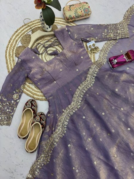 Magnetic Purple Comfortable Full Stitched Party Wear Gown Set with Dupatta Ready To Wear Collection