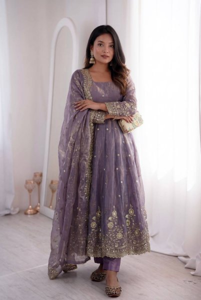 Magnetic Purple Comfortable Full Stitched Party Wear Gown Set with Dupatta Ready To Wear Collection