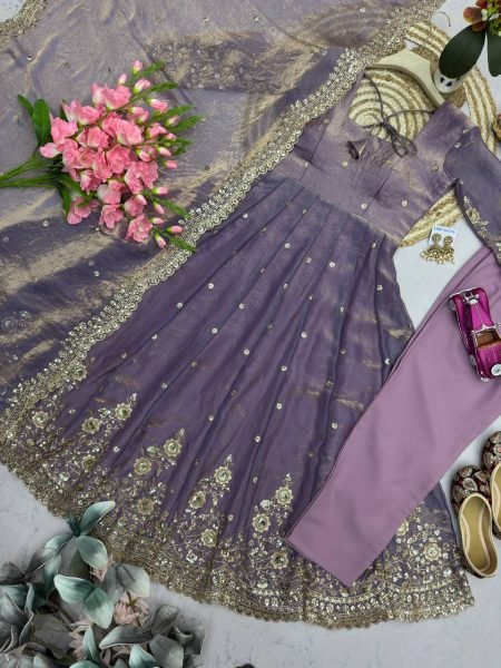 Magnetic Purple Comfortable Full Stitched Party Wear Gown Set with Dupatta Ready To Wear Collection