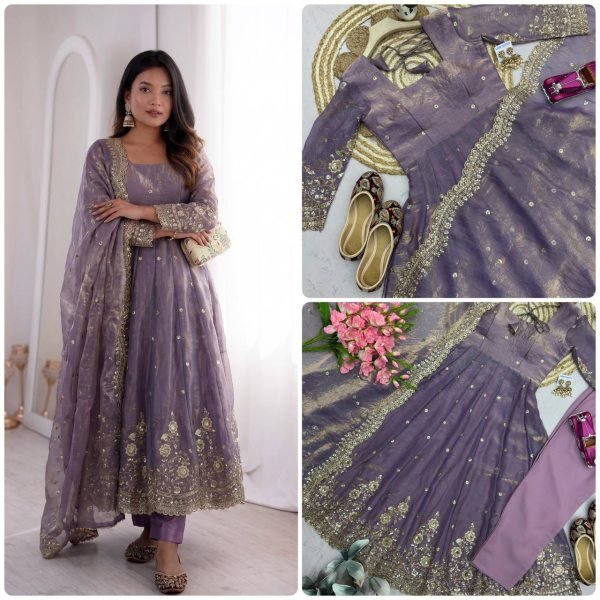 Magnetic Purple Comfortable Full Stitched Party Wear Gown Set with Dupatta Ready To Wear Collection