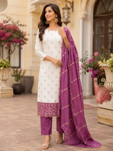 Magnetic Purple Vichitra Silk Dress Material for Wedding and Festive Wear 