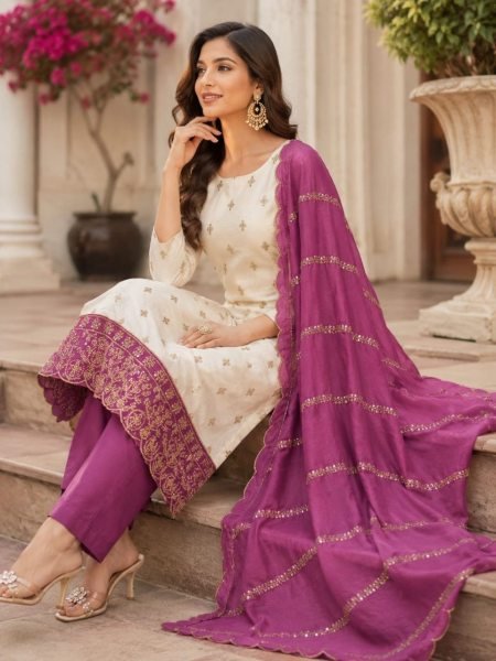 Magnetic Purple Vichitra Silk Dress Material for Wedding and Festive Wear Color Set Matching Dress Material Wholesale