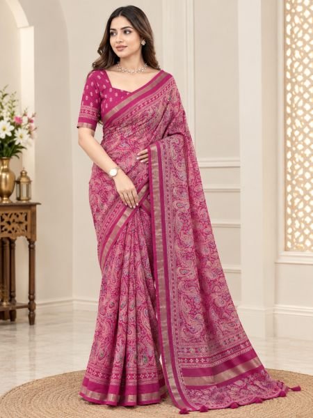 Magnetic Rani Pink Pure Mul Cotton Ajrakh Saree with Full Mirror Work at Wholesale Rate Sarees 