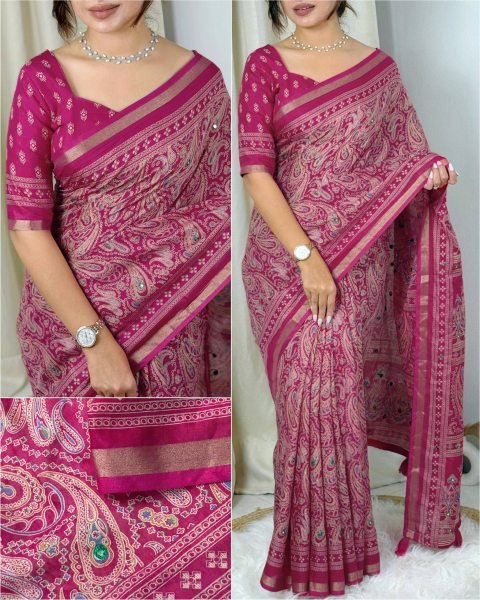 Magnetic Rani Pink Pure Mul Cotton Ajrakh Saree with Full Mirror Work at Wholesale Rate Printed Cotton Sarees Wholesale