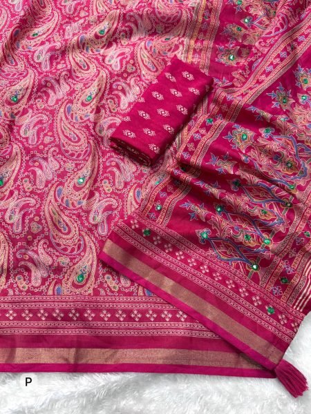 Magnetic Rani Pink Pure Mul Cotton Ajrakh Saree with Full Mirror Work at Wholesale Rate Printed Cotton Sarees Wholesale