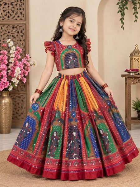 Magnetic Red Designer Navratri Lehenga with Hand Mirror Work and Latkan Kurtis