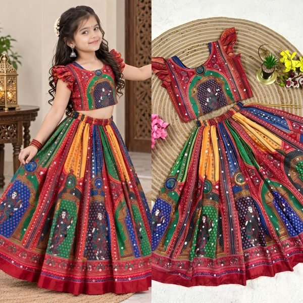 Magnetic Red Designer Navratri Lehenga with Hand Mirror Work and Latkan Girls Wear