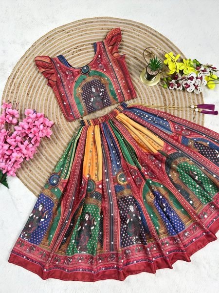 Magnetic Red Designer Navratri Lehenga with Hand Mirror Work and Latkan Girls Wear