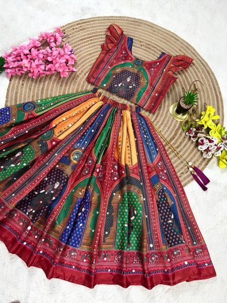 Magnetic Red Designer Navratri Lehenga with Hand Mirror Work and Latkan Girls Wear