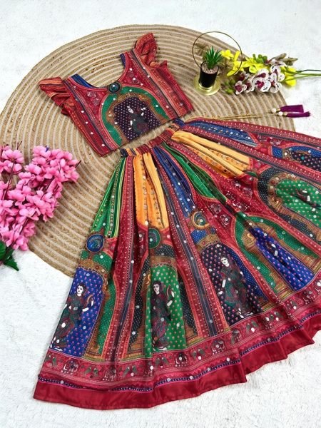 Magnetic Red Designer Navratri Lehenga with Hand Mirror Work and Latkan Girls Wear