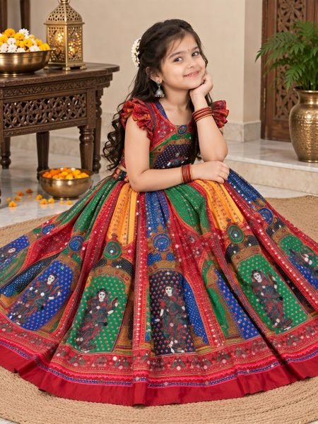 Magnetic Red Designer Navratri Lehenga with Hand Mirror Work and Latkan Girls Wear