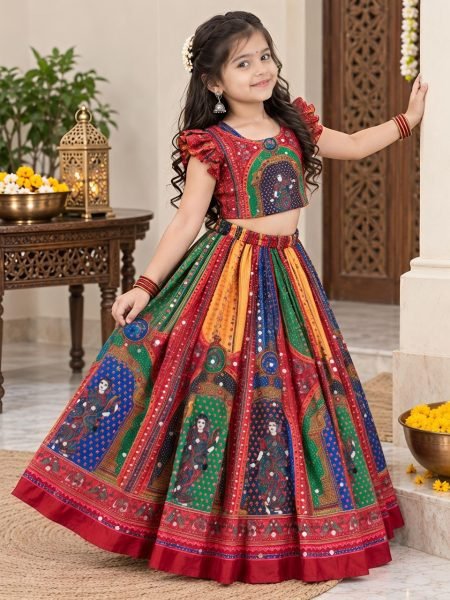 Magnetic Red Designer Navratri Lehenga with Hand Mirror Work and Latkan Girls Wear
