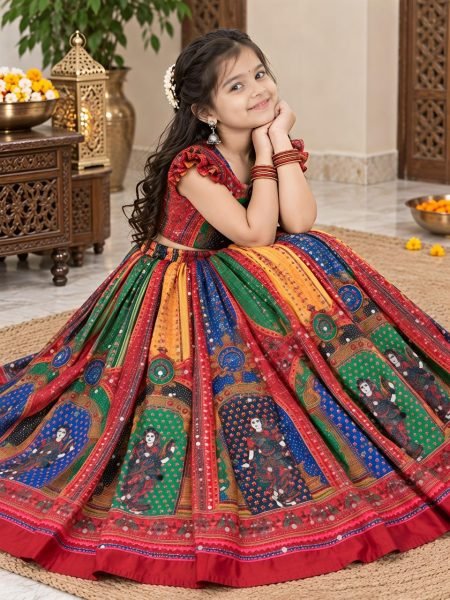 Magnetic Red Designer Navratri Lehenga with Hand Mirror Work and Latkan Girls Wear