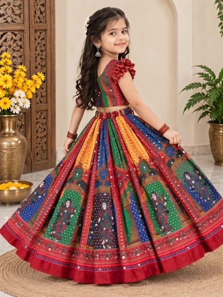 Magnetic Red Designer Navratri Lehenga with Hand Mirror Work and Latkan Girls Wear