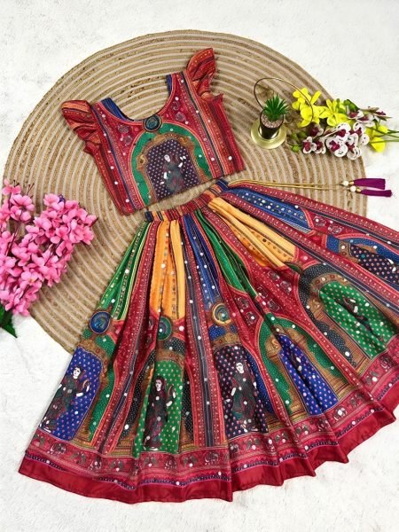 Magnetic Red Designer Navratri Lehenga with Hand Mirror Work and Latkan Girls Wear