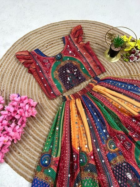 Magnetic Red Designer Navratri Lehenga with Hand Mirror Work and Latkan Girls Wear