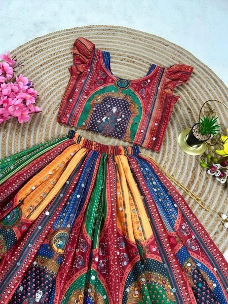 Magnetic Red Designer Navratri Lehenga with Hand Mirror Work and Latkan Girls Wear