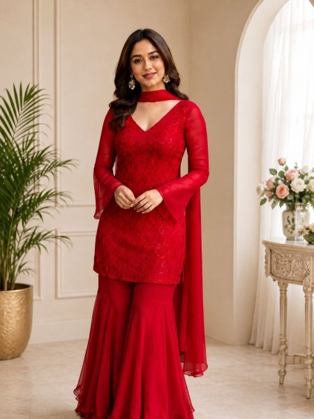 Magnetic Red Georgette Sharara Kurti Set With Dupatta For High Profit Resellers Ready To Wear Suit