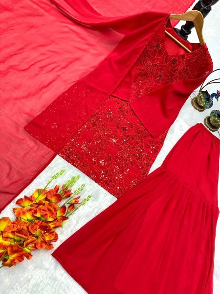 Magnetic Red Georgette Sharara Kurti Set With Dupatta For High Profit Resellers Ready To Wear Collection