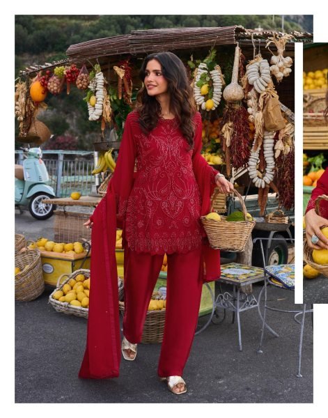 Magnetic Red Real Georgette Sharara Set with Hand Beads Embroidery For Party Designer Plazzo Salwar Suits Wholesale