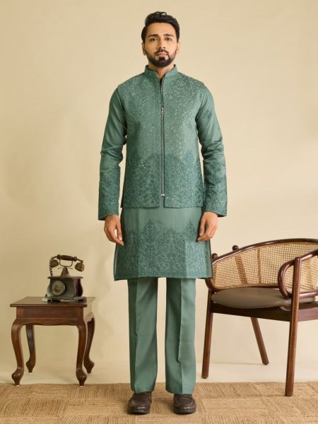Magnetic Sage Green Men's Art Silk Koti Kurta Pajama Set with Real Mirror Embroidery Work Mens Wear