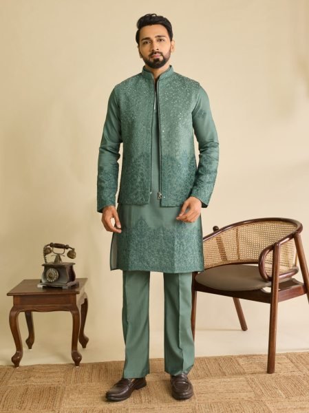 Magnetic Sage Green Men's Art Silk Koti Kurta Pajama Set with Real Mirror Embroidery Work Kurta Pajama Wholesale
