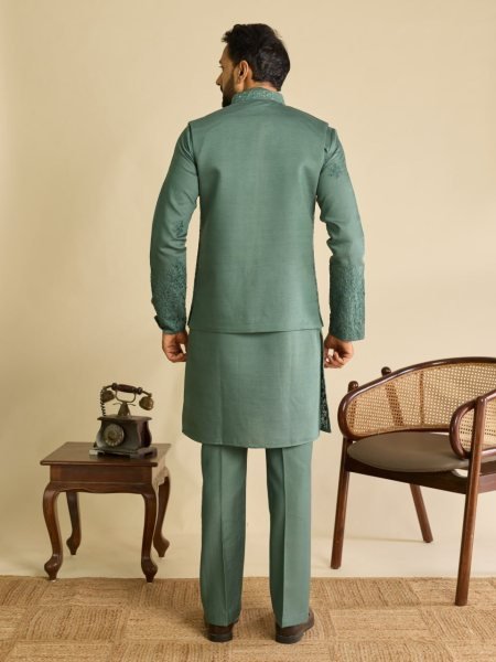 Magnetic Sage Green Men's Art Silk Koti Kurta Pajama Set with Real Mirror Embroidery Work Kurta Pajama Wholesale