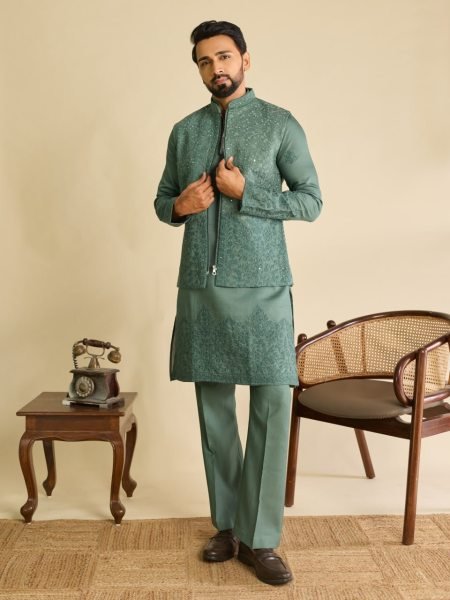 Magnetic Sage Green Men's Art Silk Koti Kurta Pajama Set with Real Mirror Embroidery Work Kurta Pajama Wholesale