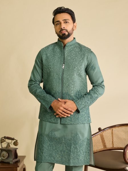 Magnetic Sage Green Men's Art Silk Koti Kurta Pajama Set with Real Mirror Embroidery Work Kurta Pajama Wholesale
