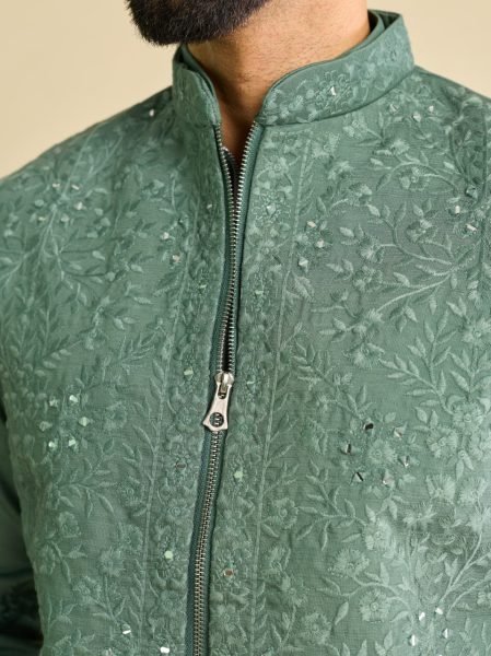 Magnetic Sage Green Men's Art Silk Koti Kurta Pajama Set with Real Mirror Embroidery Work Kurta Pajama Wholesale