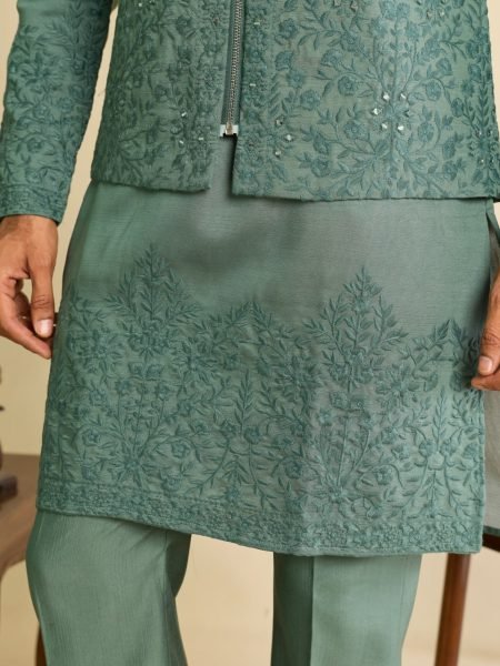 Magnetic Sage Green Men's Art Silk Koti Kurta Pajama Set with Real Mirror Embroidery Work Kurta Pajama Wholesale
