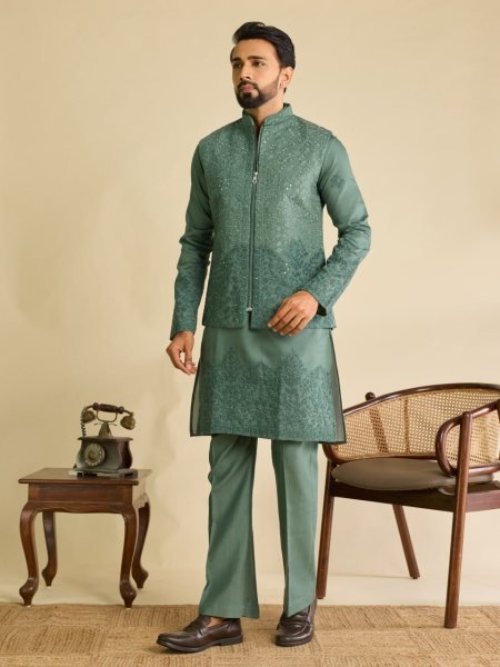 Magnetic Sage Green Men's Art Silk Koti Kurta Pajama Set with Real Mirror Embroidery Work Kurta Pajama Wholesale