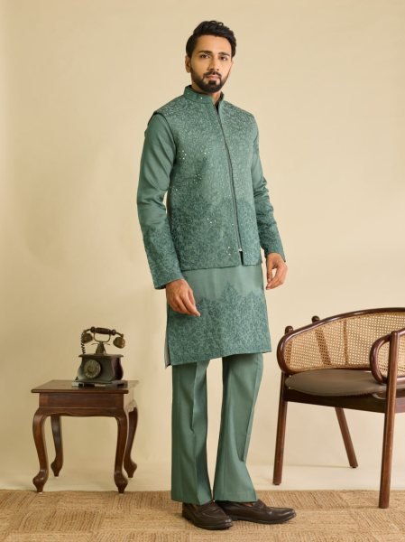 Magnetic Sage Green Men's Art Silk Koti Kurta Pajama Set with Real Mirror Embroidery Work Kurta Pajama Wholesale