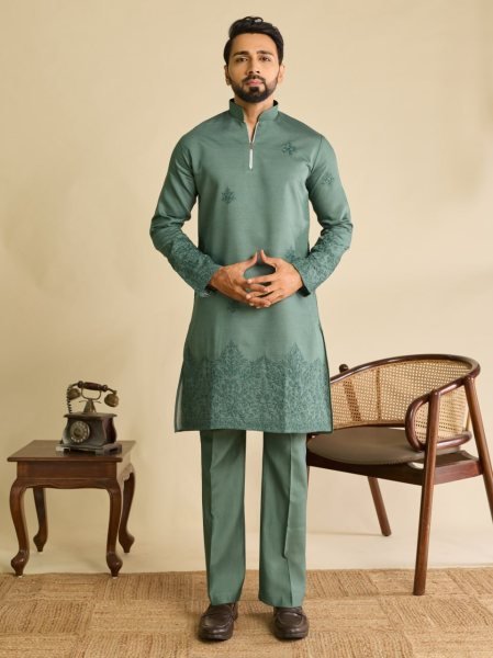 Magnetic Sage Green Men's Art Silk Koti Kurta Pajama Set with Real Mirror Embroidery Work Kurta Pajama Wholesale