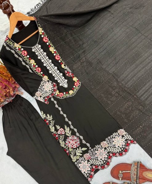 Magnetic Satin Rayon Kurti Suits Set With Thread Work And Viscose Dupatta For Party Wear Ready To Wear Collection