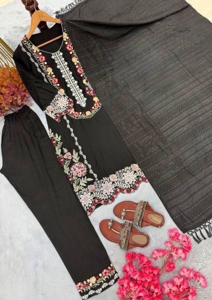 Magnetic Satin Rayon Kurti Suits Set With Thread Work And Viscose Dupatta For Party Wear Ready To Wear Collection