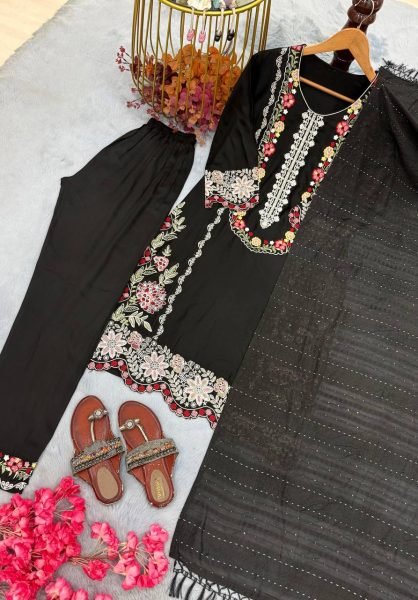 Magnetic Satin Rayon Kurti Suits Set With Thread Work And Viscose Dupatta For Party Wear Ready To Wear Collection