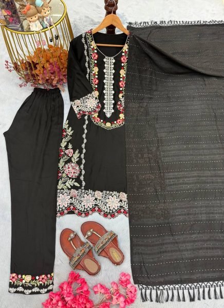 Magnetic Satin Rayon Kurti Suits Set With Thread Work And Viscose Dupatta For Party Wear Ready To Wear Collection