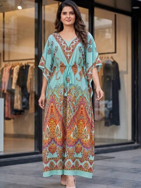Magnetic Sky Blue Women's Free Size Heavy French Crepe Kaftan Dress Kaftan 