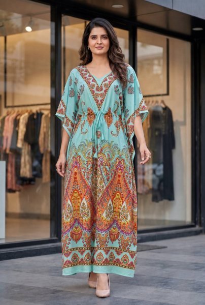 Magnetic Sky Blue Women's Free Size Heavy French Crepe Kaftan Dress Kaftan 