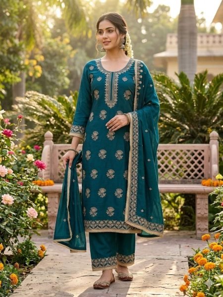 Magnetic Teal Green Designer Vichitra Silk Unstitched Suit Material with Embroidered Dupatta Dress Material 