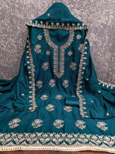 Magnetic Teal Green Designer Vichitra Silk Unstitched Suit Material with Embroidered Dupatta Color Set Matching Dress Material Wholesale