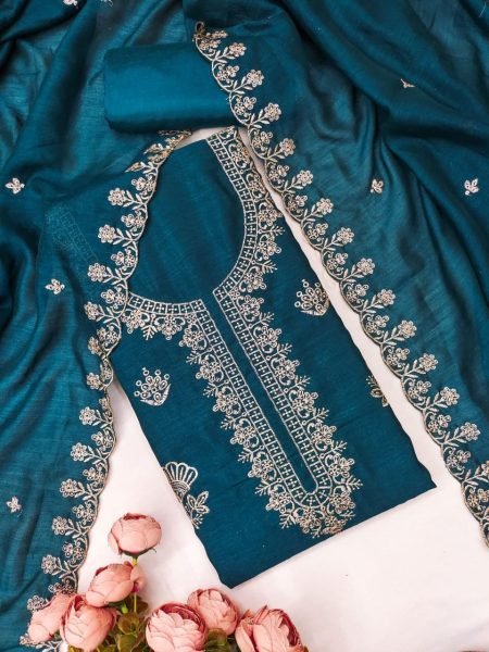 Magnetic Teal Green Designer Vichitra Silk Unstitched Suit Material with Embroidered Dupatta Color Set Matching Dress Material Wholesale
