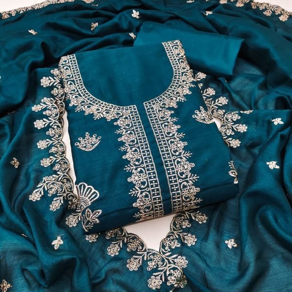 Magnetic Teal Green Designer Vichitra Silk Unstitched Suit Material with Embroidered Dupatta Color Set Matching Dress Material Wholesale