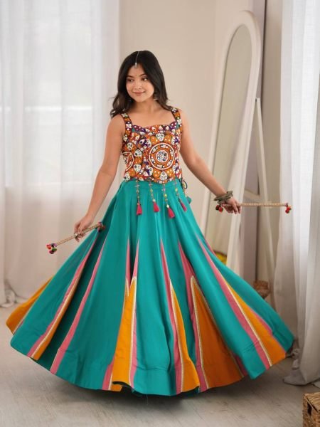 Magnetic Turquoise Designer Heavy Rayon Lehenga with Lagdi Patta Lace and Mirror Work 
