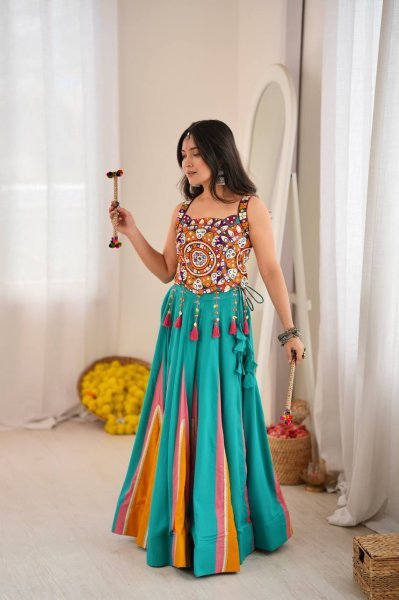 Magnetic Turquoise Designer Heavy Rayon Lehenga with Lagdi Patta Lace and Mirror Work Navratri Lehnega Choli