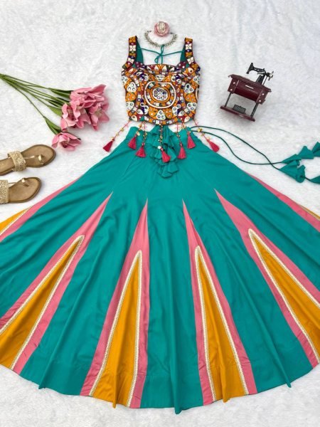 Magnetic Turquoise Designer Heavy Rayon Lehenga with Lagdi Patta Lace and Mirror Work Navratri Lehnega Choli