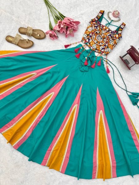 Magnetic Turquoise Designer Heavy Rayon Lehenga with Lagdi Patta Lace and Mirror Work Navratri Lehnega Choli