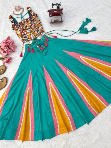 Magnetic Turquoise Designer Heavy Rayon Lehenga with Lagdi Patta Lace and Mirror Work Navratri Lehnega Choli